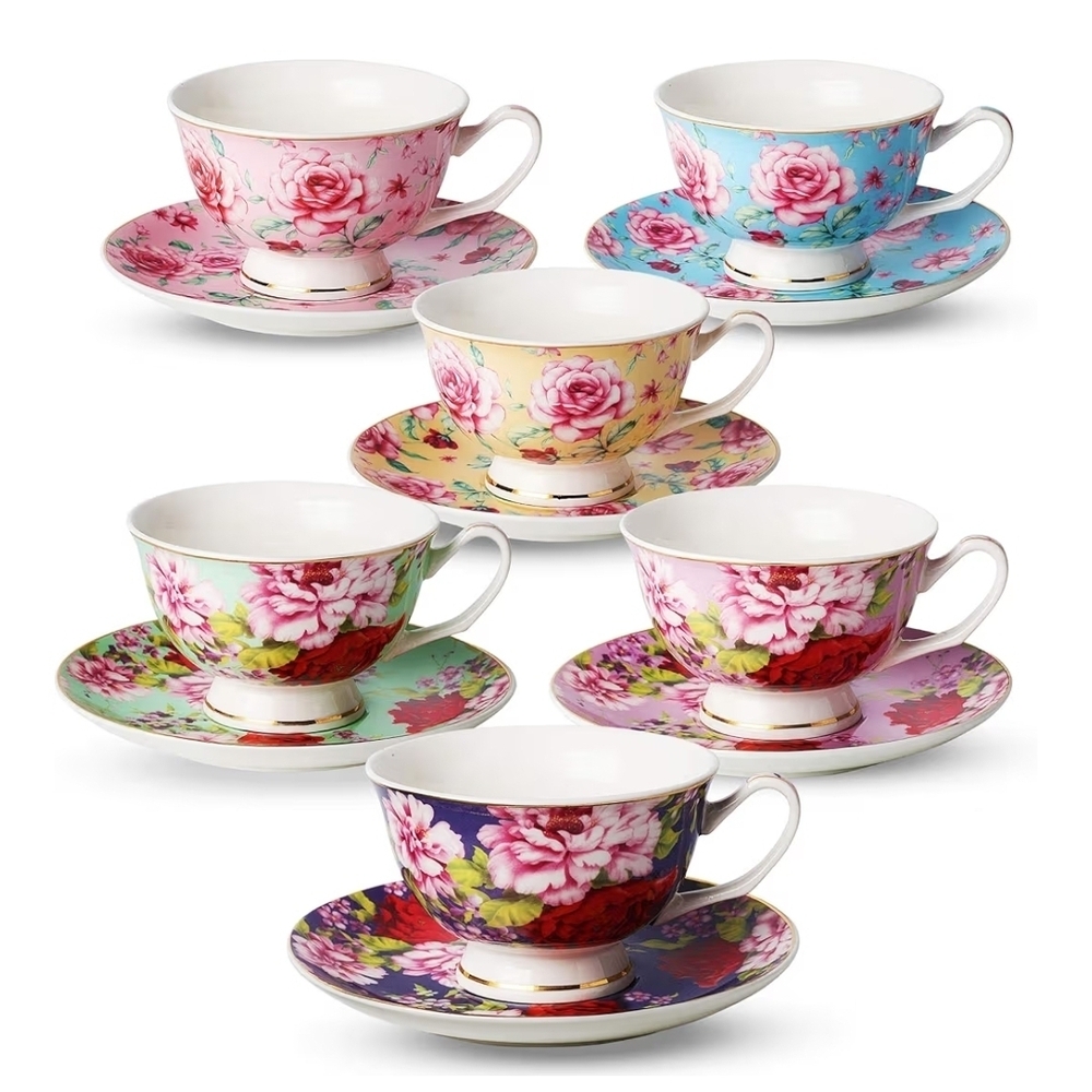Brew To A Tea (BTaT) Floral Tea Cups & Saucers 8oz tea cups Set of 6